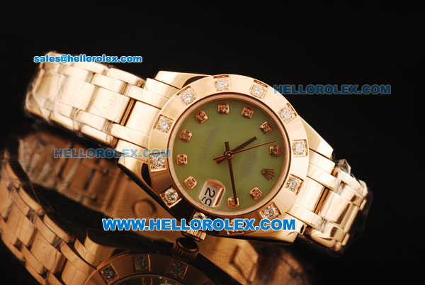 Rolex Datejust Swiss ETA 2836 Automatic Movement Full Rose Gold with Green Dial and Diamond Markers/Bezel - Click Image to Close